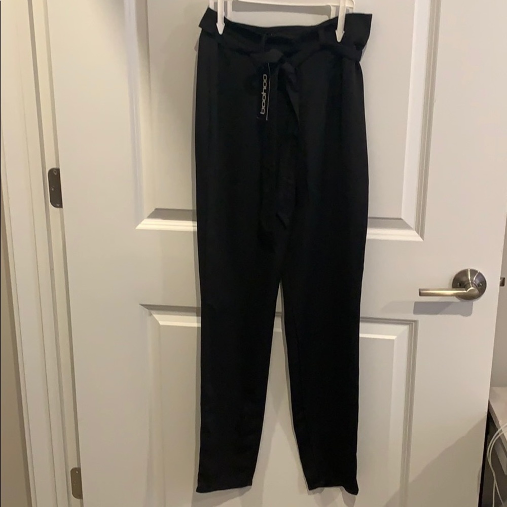 Black front tie silk pants
